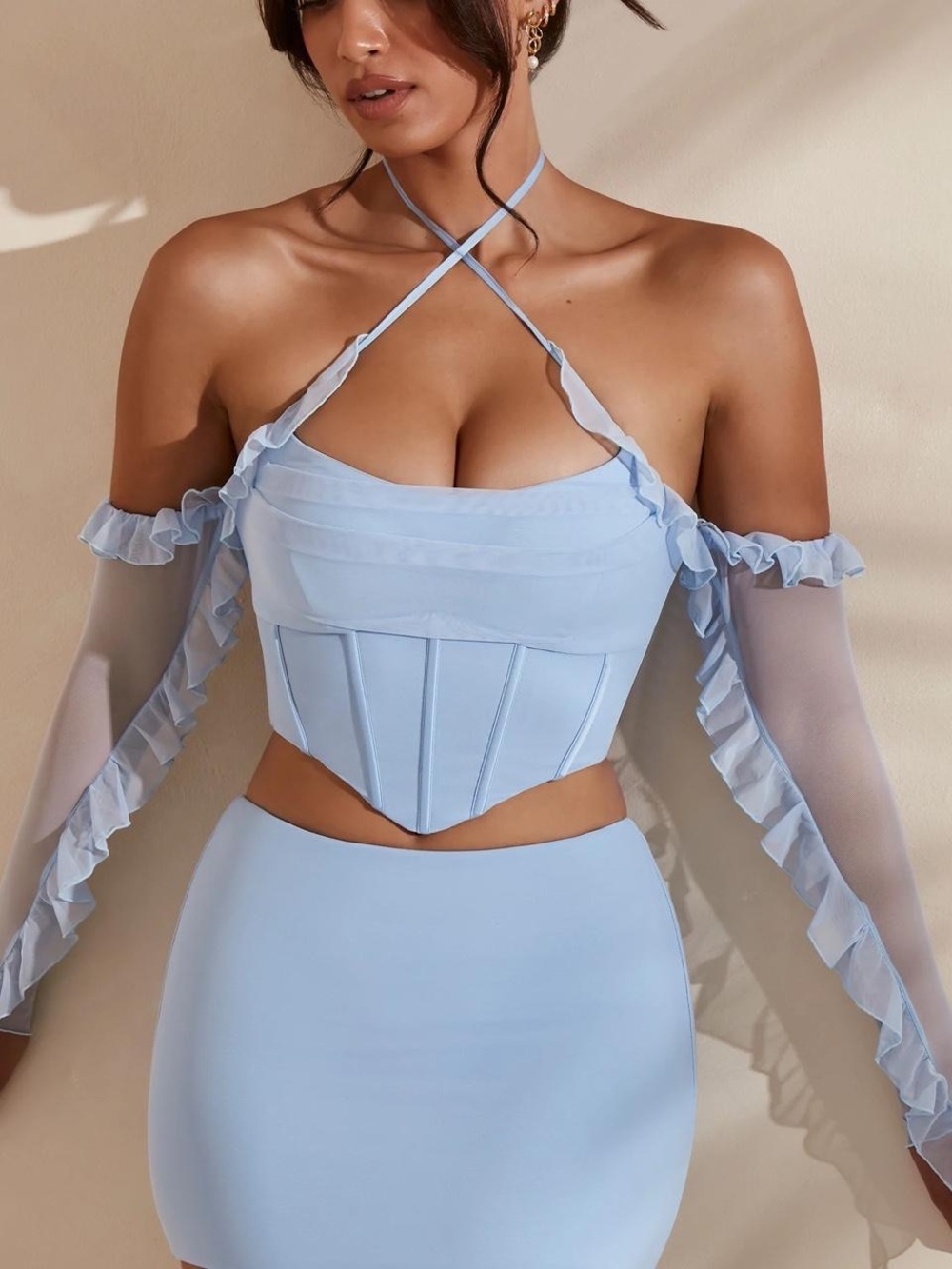 Oh Polly Light Blue Ruffle Off-Shoulder Corset Top